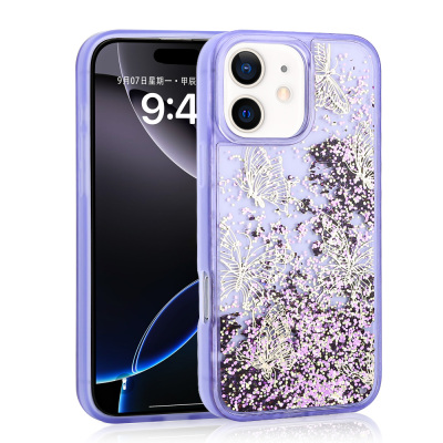 Apple iPhone 12 Case Liquid Glitter Butterfly Printed Transparent Back Surface Zore Glis Silicone Cover Purple