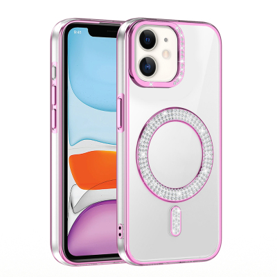 Apple iPhone 12 Case Magsafe Charging Feature Diamond Stone Design Zore Karetta Silicone Cover Rose Gold
