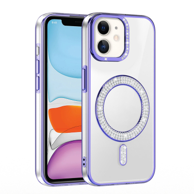 Apple iPhone 12 Case Magsafe Charging Feature Diamond Stone Design Zore Karetta Silicone Cover Purple