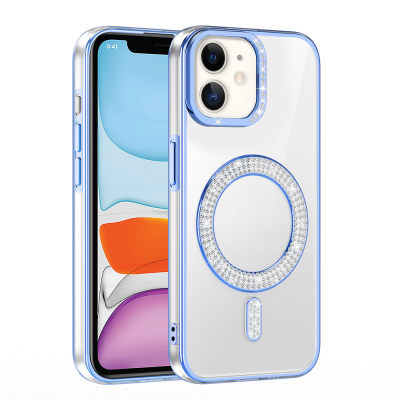Apple iPhone 12 Case Magsafe Charging Feature Diamond Stone Design Zore Karetta Silicone Cover Blue