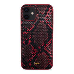 Apple iPhone 12 Kılıf Kajsa Glamorous Serisi Snake Pattern Kapak Kırmızı