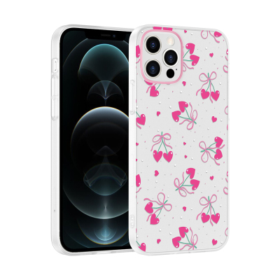 Apple iPhone 12 Kılıf Kamera Korumalı Desenli Zore Klip Kapak Kalpli Kiraz