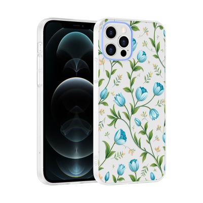 Apple iPhone 12 Kılıf Kamera Korumalı Desenli Zore Klip Kapak Mavi Lale
