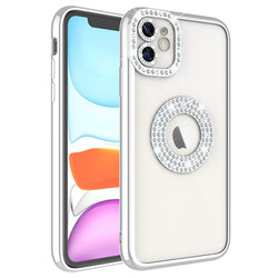 Apple iPhone 12 Kılıf Kamera Korumalı Taş Süslemeli Arkası Şeffaf Zore Asya Kapak Gümüş