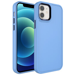 Apple iPhone 12 Kılıf Metal Çerçeve ve Buton Tasarımlı Sert Zore Botox Kapak Mavi