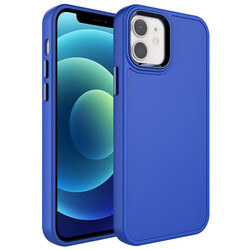 Apple iPhone 12 Kılıf Metal Çerçeve ve Buton Tasarımlı Sert Zore Botox Kapak Saks Mavi