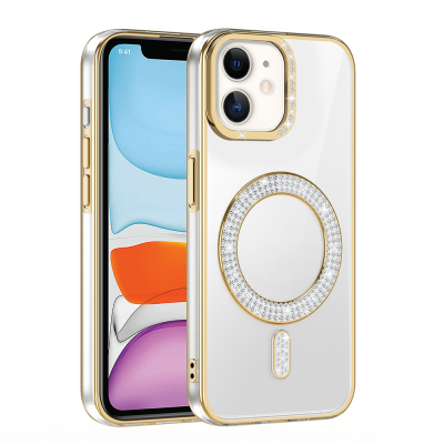 Apple iPhone 12 Kılıf Pırlanta Taş Tasarımlı M-safe Şarj Özellikli Zore Karetta Silikon Kapak Gold