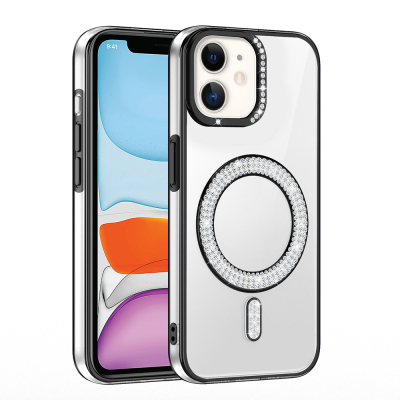 Apple iPhone 12 Kılıf Pırlanta Taş Tasarımlı M-safe Şarj Özellikli Zore Karetta Silikon Kapak Siyah