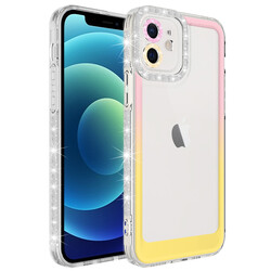 Apple iPhone 12 Kılıf Simli ve Renk Geçiş Tasarımlı Lens Korumalı Zore Park Kapak Pembe-Sarı