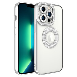 Apple iPhone 12 Pro Case Camera Protected Stone Decorated Back Transparent Zore Asya Cover Silver