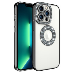 Apple iPhone 12 Pro Case Camera Protected Stone Decorated Back Transparent Zore Asya Cover Black