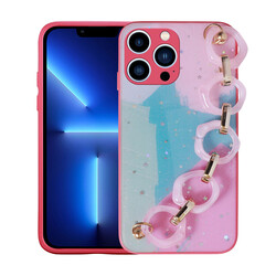 Apple iPhone 12 Pro Case Glittery Patterned Hand Strap Holder Zore Elsa Silicone Cover Dark Pink