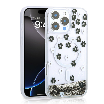 Apple iPhone 12 Pro Case Liquid Glitter Printed Transparent Back Surface Zore Mossa Silicone Cover Black