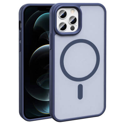 Apple iPhone 12 Pro Case Magsafe Charging Feature Matte Back Surface Zore Sio Cover Navy blue