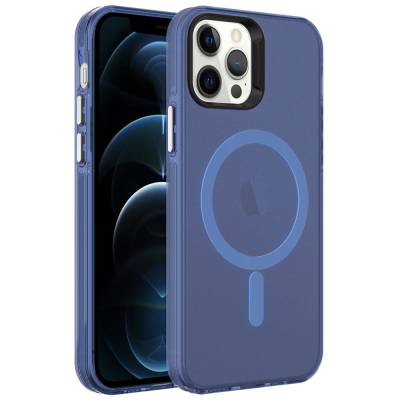 Apple iPhone 12 Pro Case Zore Magsafe Frosted Transparent C-Pro Hard Cover with Charging Navy blue