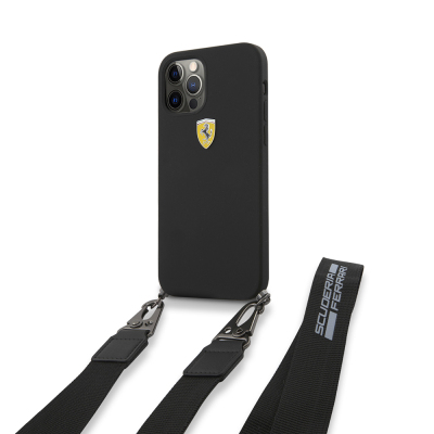 Apple iPhone 12 Pro Kılıf Ferrari Orjinal Lisanslı Askılı Metal Logolu Kapak Siyah
