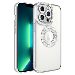 Apple iPhone 12 Pro Kılıf Kamera Korumalı Taş Süslemeli Arkası Şeffaf Zore Asya Kapak Gümüş