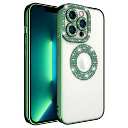 Apple iPhone 12 Pro Kılıf Kamera Korumalı Taş Süslemeli Arkası Şeffaf Zore Asya Kapak Yeşil