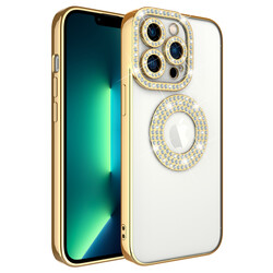 Apple iPhone 12 Pro Kılıf Kamera Korumalı Taş Süslemeli Arkası Şeffaf Zore Asya Kapak Gold