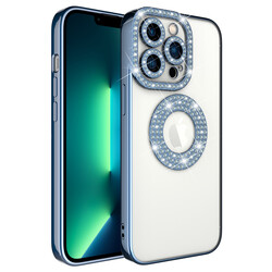 Apple iPhone 12 Pro Kılıf Kamera Korumalı Taş Süslemeli Arkası Şeffaf Zore Asya Kapak Mavi