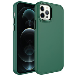 Apple iPhone 12 Pro Kılıf Metal Çerçeve ve Buton Tasarımlı Sert Zore Botox Kapak Koyu Yeşil