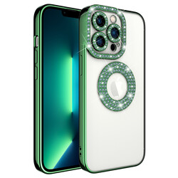 Apple iPhone 12 Pro Max Case Camera Protection Stone Decorated Back Transparent Zore Asya Cover Green