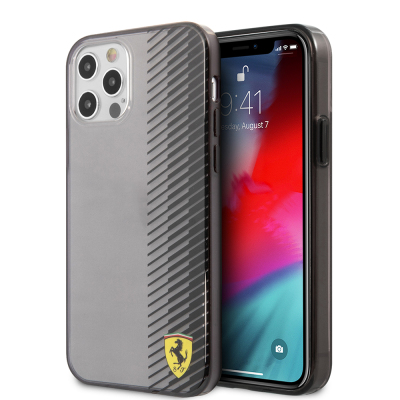Apple iPhone 12 Pro Max Case Ferrari Original Licensed Classic Metal Logo Transparent Line Pattern Gradient Cover Black