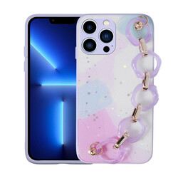 Apple iPhone 12 Pro Max Case Glittery Patterned Hand Strap Holder Zore Elsa Silicone Cover Lila