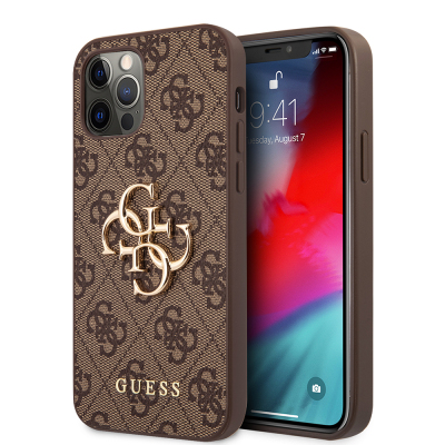 Apple iPhone 12 Pro Max Case Guess Original Licensed Large Metal Logo Design PU Leather Cover Brown