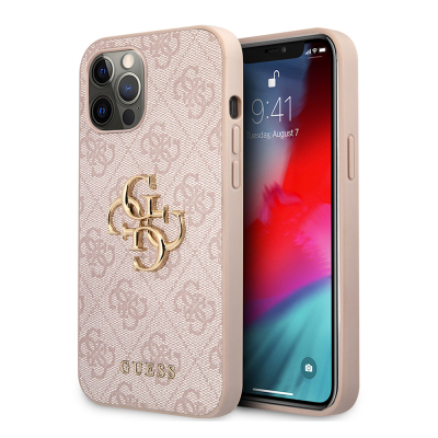 Apple iPhone 12 Pro Max Case Guess Original Licensed Large Metal Logo Design PU Leather Cover Pink