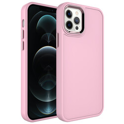 Apple iPhone 12 Pro Max Case Metal Frame and Button Design Hard Zore Botox Cover Light Pink