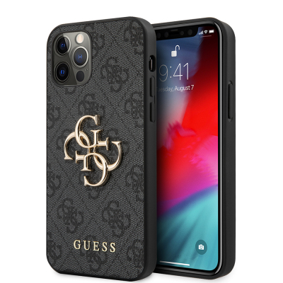 Apple iPhone 12 Pro Max Kılıf Guess Orjinal Lisanslı PU Deri Büyük Metal Logo Dizaynlı Kapak Gri