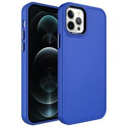Apple iPhone 12 Pro Max Kılıf Metal Çerçeve ve Buton Tasarımlı Sert Zore Botox Kapak Saks Mavi