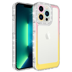 Apple iPhone 12 Pro Max Kılıf Simli ve Renk Geçiş Tasarımlı Lens Korumalı Zore Park Kapak Pembe-Sarı