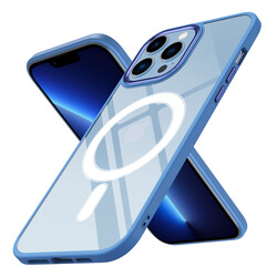 Apple iPhone 12 Pro Max Kılıf Wireless Şarj Özellikli Zore Krom Magsafe Silikon Kapak Mavi