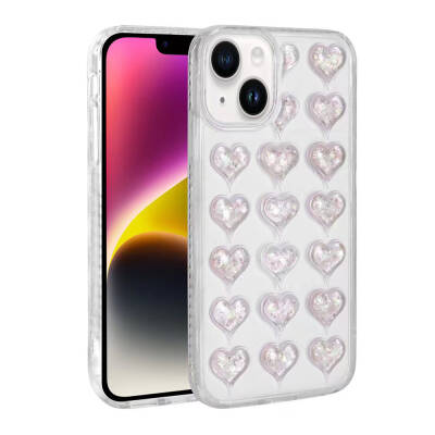 Apple iPhone 13 Case Camera Protected Colorful Heart Patterned Transparent Zore Heart Cover Pink