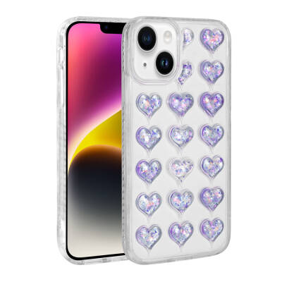 Apple iPhone 13 Case Camera Protected Colorful Heart Patterned Transparent Zore Heart Cover Lila