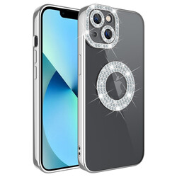 Apple iPhone 13 Case Camera Protection Stone Decorated Back Transparent Zore Asya Cover Silver