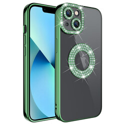 Apple iPhone 13 Case Camera Protection Stone Decorated Back Transparent Zore Asya Cover Green