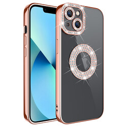 Apple iPhone 13 Case Camera Protection Stone Decorated Back Transparent Zore Asya Cover Rose Gold