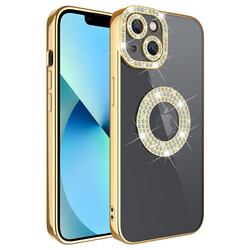 Apple iPhone 13 Case Camera Protection Stone Decorated Back Transparent Zore Asya Cover Gold