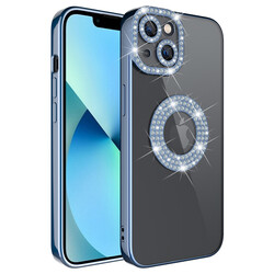 Apple iPhone 13 Case Camera Protection Stone Decorated Back Transparent Zore Asya Cover Blue