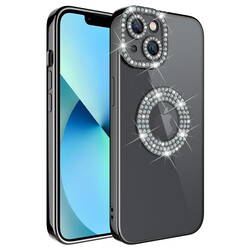 Apple iPhone 13 Case Camera Protection Stone Decorated Back Transparent Zore Asya Cover Black