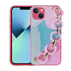 Apple iPhone 13 Case Glittery Patterned Hand Strap Holder Zore Elsa Silicone Cover Dark Pink
