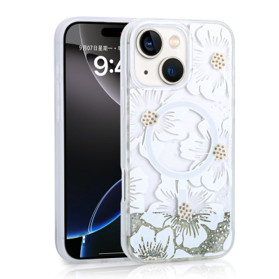 Apple iPhone 13 Case Liquid Glitter Printed Transparent Back Surface Zore Mossa Silicone Cover Grey
