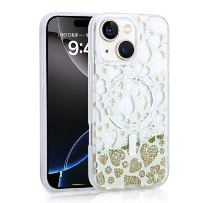 Apple iPhone 13 Case Liquid Glitter Printed Transparent Back Surface Zore Mossa Silicone Cover Gold