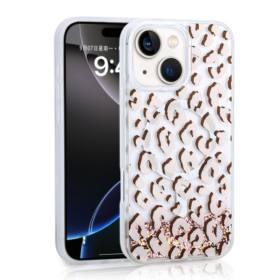 Apple iPhone 13 Case Liquid Glitter Printed Transparent Back Surface Zore Mossa Silicone Cover Pink
