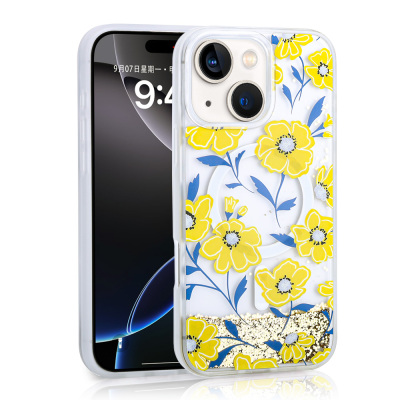 Apple iPhone 13 Case Liquid Glitter Printed Transparent Back Surface Zore Mossa Silicone Cover Yellow
