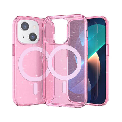 Apple iPhone 13 Case Magsafe Charging Feature Shining Glitter Transparent Colored Zore Allstar Cover Pink