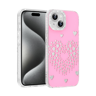 Apple iPhone 13 Case Teardrop Rhinestones Zore Rivas Hard PC Cover Pink